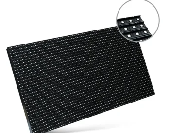 Rectangular electronic message center (LED sign) module featuring a close-up inset of high-brightness, solid-state LEDs arranged in a uniform grid. The display surface is evenly spaced, and the background is white.