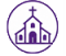 Purple LED-style icon of a church with cross, inside a circular outline on light background; resembles electronic message center signage.