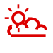 Red LED sign icon: sun with three rays partially behind a cloud, horizontal bar beneath; displayed on light gray electronic panel.