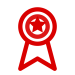 LED red award ribbon icon with center star, dual tails, circular layers; electronic message center style on light gray background.