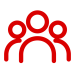 Red LED sign icon of three stylized human figures—one larger center, two smaller sides—on a solid-state light gray background.