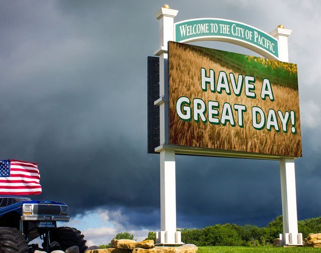 City of Pacific LED sign displaying Have a Great Day over a field graphic beneath a Welcome to the City of Pacific header.